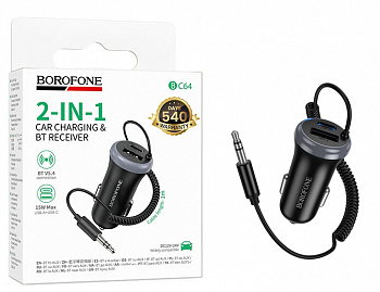АЗУ блок Borofone BC64 АЗУ + AUX Contento dual-port car BT receiver with built-in cable (Black) (94)