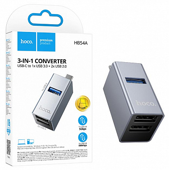 Type-C Hab Hoco HB54A 3-in-1 converter(Type-C to USB2.0*2+USB3.0) (Metal Gray) (31)