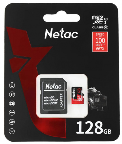 Карта памяти Micro SD 128 GB Netac P500 Extreme Pro 10 UHS-I (100 Mb/s) + адаптер