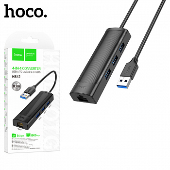 USB Hab Hoco HB42 Easy safety 4-in-1 Gigabit Ethernet Adapter(USB to USB3.0*3+RJ45)(L=0.2M) (Black)