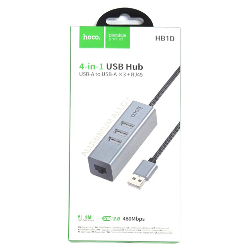 USB Hab Hoco HB1D 4-in-1 converter(USB to USB2.0*3+RJ45) (Metal Gray) (18)