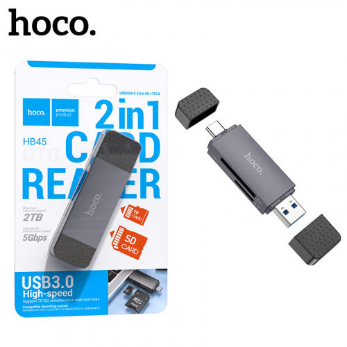 Картридер Hoco HB45 Mindful 2-in-1 (USB/ Type-C 3.0) (Metal Gray) (50)