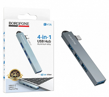 Type-C Hab Borofone FH1A 4-in-1 converter(Type-C to USB2.0*3+USB3.0) (Metal Gray) (46)