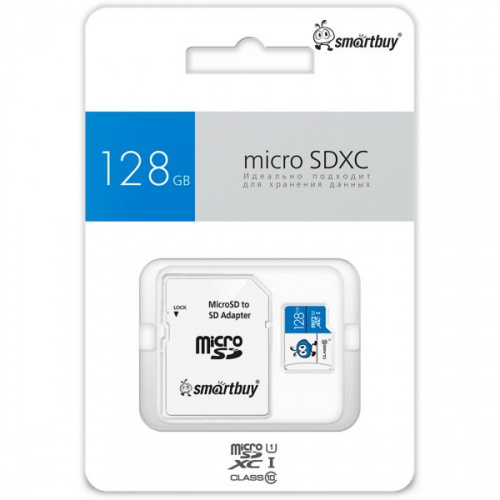 Карта Памяти Micro SD 128 GB Smart Buy Class 10 UHS-I (Синие) + адаптер